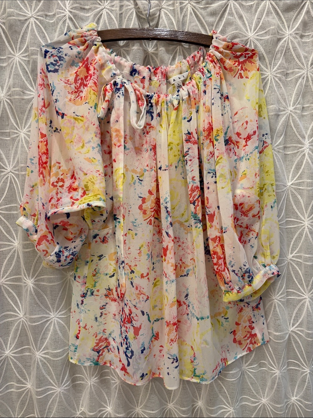 CAbi Watercolor Floral Off-Shoulder Top in White, Yellow, Coral, Blue
